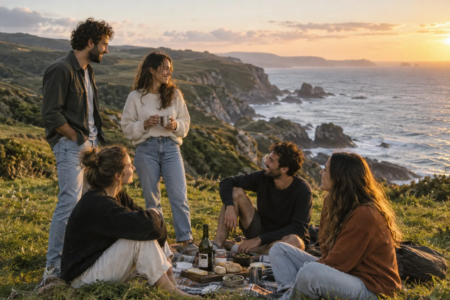 Un grupo de amigos comparte un picnic junto al mar al atardecer.